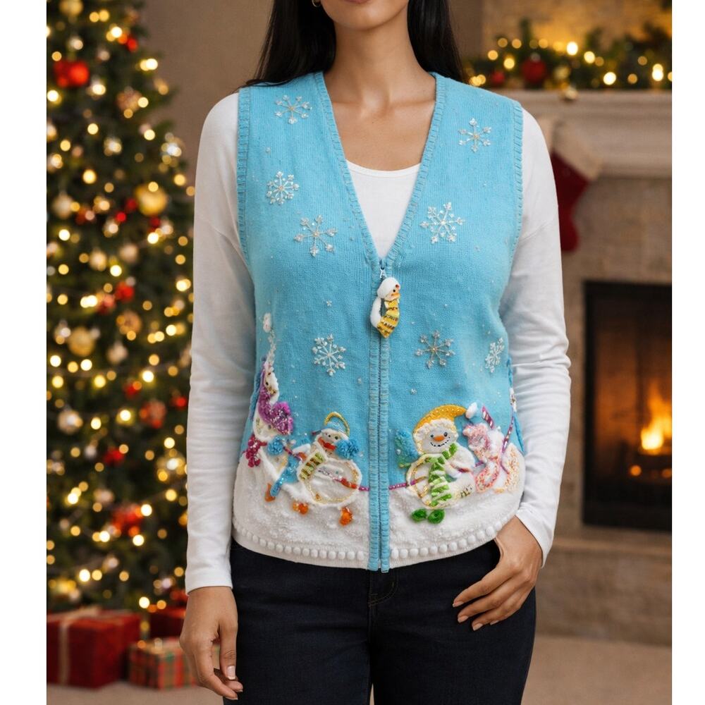 Vintage Berek Ugly Christmas Sweater Vest Small Snowman Embroidered Jingle Bells